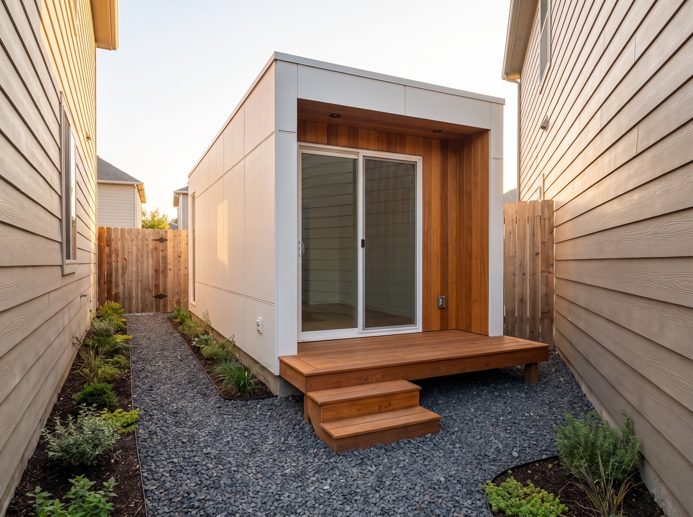 Modern prefab backyard ADU at golden hour